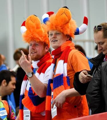 Sept. 3, 2013 - Sochi, RUS - Netherland fans cheer during the men s 1000 meter race at Adler Arena during the Winter Olympics in Sochi, Russia, Wednesday, February 12, 2014. Men s 1000 Meter Speed skating - ZUMAm67