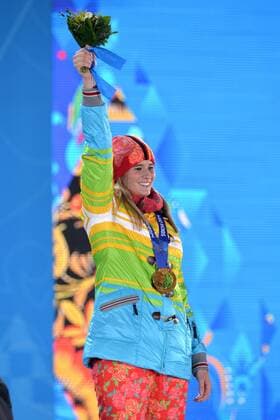 Gold medalist Germany s Natalie Geisenberger celebrates during the victory ceremony for luge women s single at the Sochi 2014 Winter Olympics on February 12, 2014 in Sochi, Russia.  OLY20140212377