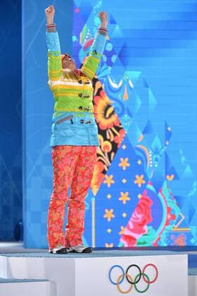 Gold medalist Germany s Natalie Geisenberger celebrates during the victory ceremony for luge women s single at the Sochi 2014 Winter Olympics on February 12, 2014 in Sochi, Russia.  OLY20140212376