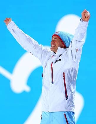 (140212) -- SOCHI, Feb. 12, 2014 (Xinhua) -- Gold medalist Ola Vigen Hattestad of Norway celebrates during the awarding ceremony for the men s sprint free of cross-country skiing event at the 2014 Sochi Winter Olympic Games in Sochi, Russia, Feb. 12, 2014. (Xinhua Gong Bing) (SP)OLY-RUSSIA-SOCHI-CROSS-COUNTRY SKIING-MEN S SPRINT FREE 