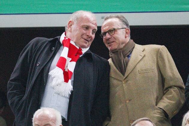 l-r: Präsident Uli HOENESS (FC Bayern München) und Vortandsvorsitzender Karl-Heinz RUMMENIGGE (FC Bayern München) gut gelaunt Hamburger SV vs. FC Bayern München, DFB-Pokal, Fussball, 12.02.2014 EP_ckt