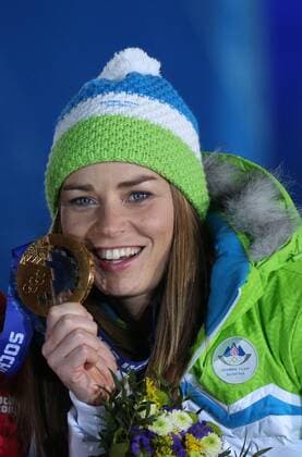 Sotschi, Olympia, Olympische Winterspiele 2014, Olympic winter games, sochi, 12.02.2014, Podium, Siegerehrung, Medals Plaza, Sotschi, Russland, Ladie down Hill Ski Alpin Abfahrt Damen, Tina Maze, Slowenien, Gold Medaille