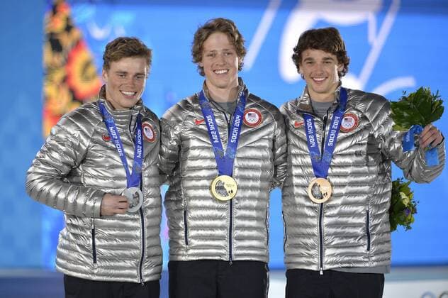 United States Gus Kenworthy, Joss Christensen and Nicholas Goepper pose with their silver, gold and bronze medals during the victory ceremony for freestyle men s ski slopestyle at the Sochi 2014 Winter Olympics on February 13, 2014 in Sochi, Russia.  OLY20140213412