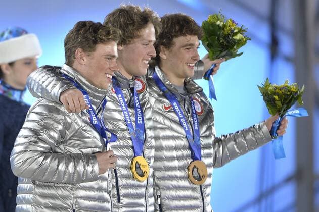 United States Gus Kenworthy, Joss Christensen and Nicholas Goepper pose with their silver, gold and bronze medals during the victory ceremony for freestyle men s ski slopestyle at the Sochi 2014 Winter Olympics on February 13, 2014 in Sochi, Russia.  OLY20140213413