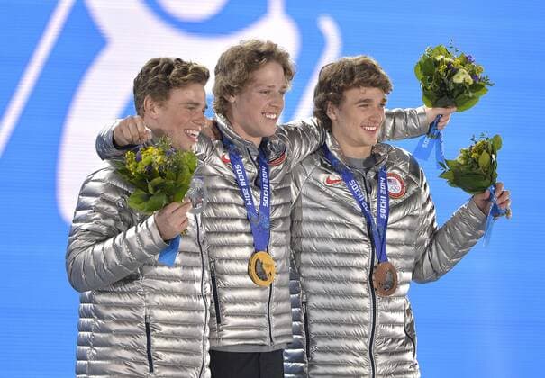 United States Gus Kenworthy, Joss Christensen and Nicholas Goepper pose with their silver, gold and bronze medals during the victory ceremony for freestyle men s ski slopestyle at the Sochi 2014 Winter Olympics on February 13, 2014 in Sochi, Russia.  OLY20140213414
