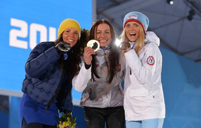 13 02 2014 RUSSIA SOCHI CHARLOTTE KALA JUSTYNA KOWALCZYK THERESE JOHAUG LADIES 10 KM CLASSIC MEDAL CEREMONY WINTER OLYMPIC GAMES SOCHI 2014 KRAKFOTO NEWSPIX.PL --- Newspix.pl  JAG_3166