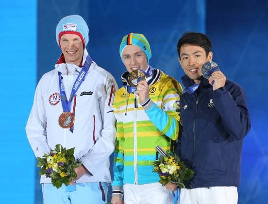 Sotschi, Olympia, Olympische Winterspiele 2014, Olympic winter games,sochi, 12.02.2014, Siegerehrung, Medals Plaza, Sotschi, 10KM Nordische Kombination, Magnus Krog,Bronze, Norwegen, Eric Frenzel, Gold, Akito Watabe, Silber, Copyright Gladys Chai von der Laage