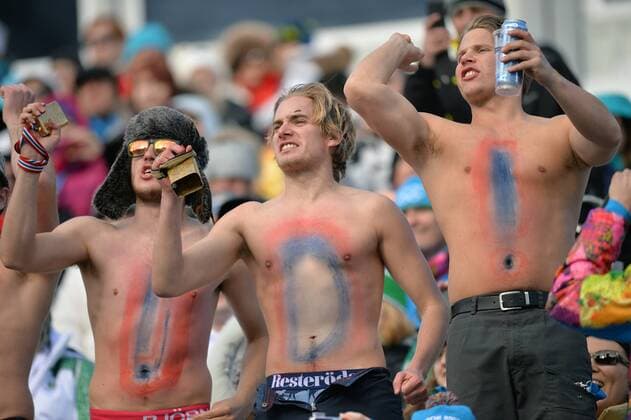 Norweigan fans cheer on their team during the men s super combined at the Sochi 2014 Winter Olympics on February 14, 2014 in Krasnaya Polyana.  OLY20140214333