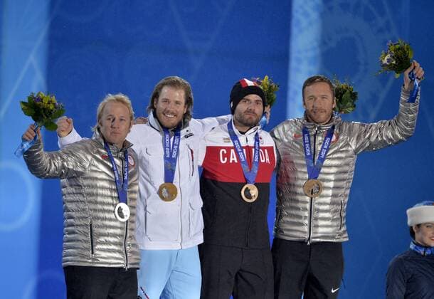 United States Andrew Weibrecht, Norway s Kjetil Jansrud and United States Bode Miller and Canada s Jan Hudec during the victory ceremony for alpine skiing men s Super G at the Sochi 2014 Winter Olympics on February 16, 2014 in Sochi, Russia. Jansrud won gold, Weibrecht silver while Miller and Hudec tied for bronze in the event.  OLY20140216157