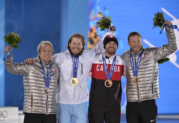 United States Andrew Weibrecht, Norway s Kjetil Jansrud and United States Bode Miller and Canada s Jan Hudec during the victory ceremony for alpine skiing men s Super G at the Sochi 2014 Winter Olympics on February 16, 2014 in Sochi, Russia. Jansrud won gold, Weibrecht silver while Miller and Hudec tied for bronze in the event.  OLY20140216159