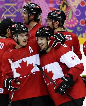 Feb. 16, 2014 - Sochi, Sochi, Russia - Team Canada s Drew Doughty ( 8) celebrates his overtime winning goal with Team Canada s Jonathan Toews and other players at the end of their men s ice hockey game against Team Finland at the Bolshoy Ice Dome during the Sochi 2014 Winter Olympics in Sochi, Russia, on Sunday Feb. 16, 2014. Al Charest Calgary Sun QMI Agency OLY2014 Team Canada vs Team Finland at the Sochi 2014 Winter Olympics - ZUMAq06