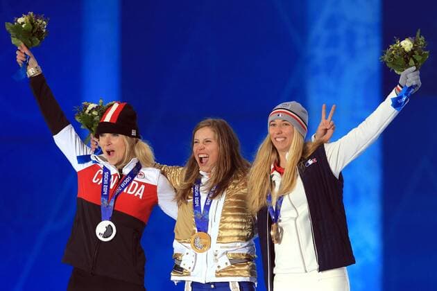 ITAR-TASS: SOCHI, RUSSIA. FEBRUARY 16, 2014. Silver medalist Dominique Maltais of Canada, gold medalist Eva Samkova of the Czech Republic and bronze medalist Chloe Trespeuch, from left to right, pose with their medals at a victory ceremony for the women s snowboard cross event at the Sochi 2014 Winter Olympic Games, at Medals Plaza.  premiumd Aufmacher RE139B60
