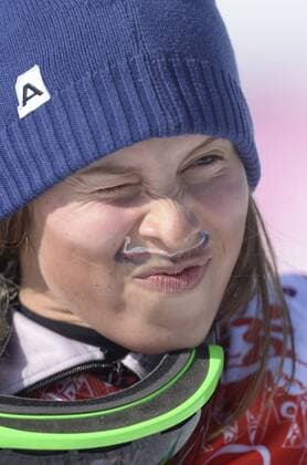 Feb. 16, 2014 - Sochi, RUS - Czech Republic Eva Samkova celebrates her win in the women s snowboard cross final at the Rosa Khutor Extreme Park during the Winter Olympics in Sochi, Russia, Sunday, Feb. 16, 2014. Women s Snowboard Cross - ZUMAm67
