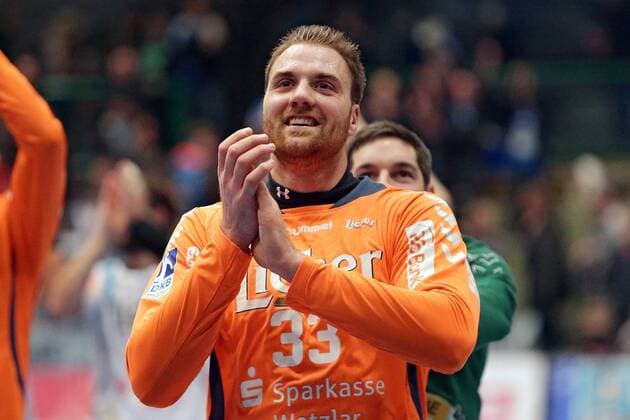 15.02.2014, xovx, Handball HBL, Bergischer HC - HSG Wetzlar, v.l. Andreas Wolff (HSG Wetzlar) bejubelt den Sieg in Wuppertal, Freisteller.