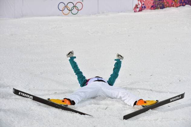 Australia s David Morris celebrates after winning silver in the men s aerials on February 17, 2014 in Krasnaya Polyana, Russia. Morris took silver with a score of 110.41.  OLY20140217307