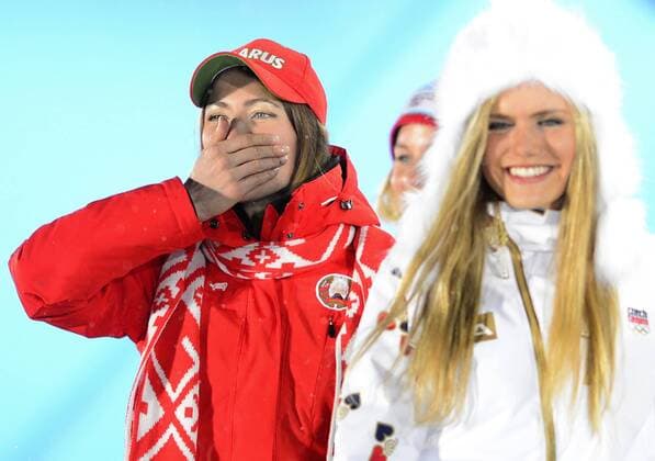 Left to right: Medalist in the women s biathlon 12.5K mass start, Gabriela Soukalova of the Czech Republic, silver, and Darya Domracheva of Belarus, gold, pictured during the medals ceremony at the 2014 Winter Olympics in Sochi, Russia, Tuesday, February 18, 2014. (CTKxPhoto RomanxVondrous) CTKPhotoP201402180995801 
