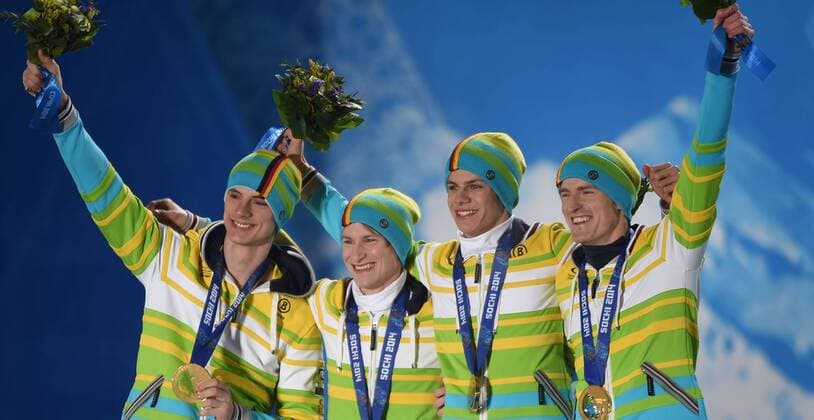 (140218) -- SOCHI, Feb. 18, 2014 (Xinhua) -- Gold medalists of team Germany pose at the victory ceremony for men s team of ski jumping event at the 2014 Sochi Winter Olympic Games in Sochi, Russia, Feb. 18, 2014. (Xinhua Wang Haofei) (SP)OLY-RUSSIA-SOCHI-SKI JUMPING-MEN S TEAM 