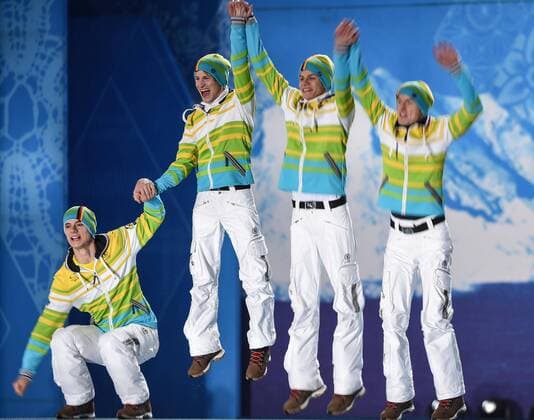(140218) -- SOCHI, Feb. 18, 2014 (Xinhua) -- Gold medalists of team Germany celebrate at the victory ceremony for men s team ski jumping event at the 2014 Sochi Winter Olympic Games in Sochi, Russia, Feb. 18, 2014. (Xinhua Wang Haofei) (SP)OLY-RUSSIA-SOCHI-SKI JUMPING-MEN S TEAM 