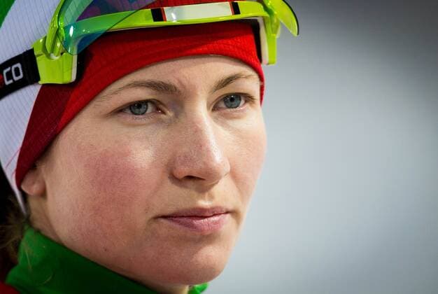 Sotschi , Biathlon- und Langlaufzentrum Laura , Biathlon Massenstart Frauen 12,5km im Bild: Darya Domracheva (Weißrussland)