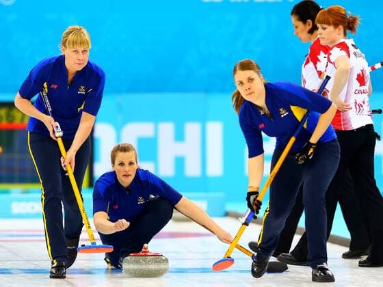 (140220) -- SOCHI, Feb. 20, 2014 (Xinhua) -- Sweden s Maria Prytz (L), Christina Bertrup (C) and Maria Wennerstroem (R, front) compete during the women s gold medal competition of curling event at the 2014 Sochi Winter Olympic Games in Sochi, Russia, Feb. 20, 2014. Sweden lost the game and claimed the silver medal of the event.(Xinhua Gong Bing) (SP)OLY-RUSSIA-SOCHI-CURLING-WOMEN S GOLD MEDAL-CAN VS SWE 