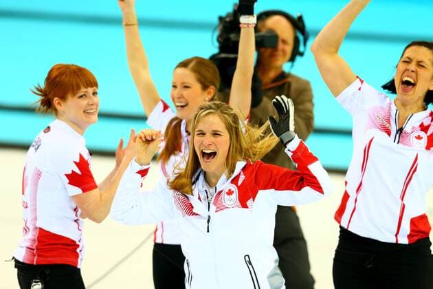 (140220) -- SOCHI, Feb. 20, 2014 (Xinhua) -- Players of Canada celebrate after the women s gold medal competition of curling event between Canada and Sweden at the 2014 Sochi Winter Olympic Games in Sochi, Russia, Feb. 20, 2014. Canada won 6-3 and claimed the gold medal of the event. (Xinhua Gong Bing) (SP)OLY-RUSSIA-SOCHI-CURLING-WOMEN S GOLD MEDAL-CAN VS SWE 