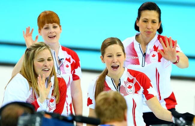 (140220) -- SOCHI, Feb. 20, 2014 (Xinhua) -- Players of Canada celebrate after the women s gold medal competition of curling event between Canada and Sweden at the 2014 Sochi Winter Olympic Games in Sochi, Russia, Feb. 20, 2014. Canada won 6-3 and claimed the gold medal of the event. (Xinhua Gong Bing) (SP)OLY-RUSSIA-SOCHI-CURLING-WOMEN S GOLD MEDAL-CAN VS SWE 