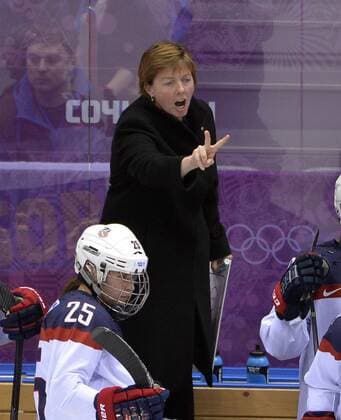 United States head coach Katey Stone yells to her team during the first period of the women s gold medal ice hockey game against Canada at the Sochi 2014 Winter Olympics on February 20, 2014 in Sochi, Russia.  OLY20140220125