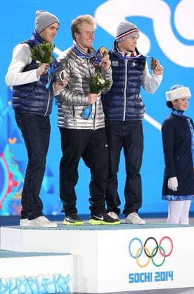 OLYMPIA - Olympische Spiele 2014 SOTSCHI,RUSSLAND,20.FEB.14 - DIVERS, OLYMPIA, SKI ALPIN - Olympische Winterspiele Sotschi 2014, Riesentorlauf der Herren, RTL, Siegerehrung, Medaillenvergabe am Medal Plaza. Bild zeigt Steve Missillier (FRA), Ted Ligety (USA) und Alexis Pinturault (FRA). Keywords: Medaillie. 