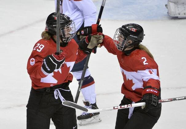 Canada s Marie-Philip Poulin (L) and Meghan Agosta celebrate after Poulin scored a goal during the third period of the women s gold medal ice hockey game against the United States at the Sochi 2014 Winter Olympics on February 20, 2014 in Sochi, Russia.  OLY20140220139
