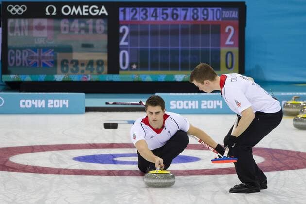 21.02.2014 Sochi, Krasnodar Krai, Russia. Great Britain s Scott ANDREWS delivers a stone during the Gold Medal Game of the Men s Curling competition from the Ice Cube Curling Centre, Coastal Cluster - XXII Olympic Winter Games xCraigxMercerx  ActionPlus20176875