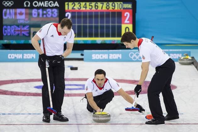 21.02.2014 Sochi, Krasnodar Krai, Russia. Great Britain skip David MURDOCH delivers a stone during the Gold Medal Game of the Men s Curling competition from the Ice Cube Curling Centre, Coastal Cluster - XXII Olympic Winter Games xCraigxMercerx  ActionPlus20176879