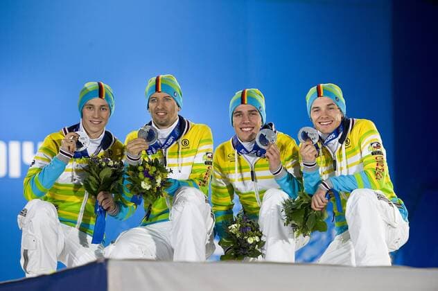 Team GER, Deutschland, mit Eric FRENZEL, Bjoern KIRCHEISEN, Björn, Johannes RYDZEK und Fabian RIESSLE, 2. Platz, Silber, Silbermedaille, Silbermedaillengewinner, Jubel, jubelt, Freude, Begeisterung, Emotion, jubeln, cheers, Nordische Kombination, Team, Team Gundersen LH 4x5 km, Cross-Country, Large Hill, Grossschanze, Siegerehrung, Medal Ceremony, Medal Plaza am 20.02.2014. XXII. Olympische Winterspiele 2014, vom 07.02. - 23.02.2014 in Sotschi Russland.