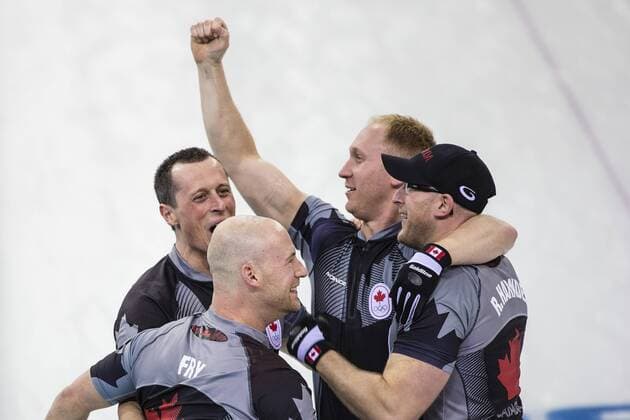 21.02.2014 Sochi, Krasnodar Krai, Russia. Joy for Team Canada after GB concede in the Gold Medal Game of the Men s Curling competition from the Ice Cube Curling Centre, Coastal Cluster - XXII Olympic Winter Games xCraigxMercerx  ActionPlus20177028