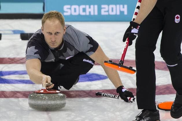 21.02.2014 Sochi, Krasnodar Krai, Russia. Canada skip Brad JACOBS delivers a stone in the match winning eight hend during the Gold Medal Game of the Men s Curling competition from the Ice Cube Curling Centre, Coastal Cluster - XXII Olympic Winter Games xCraigxMercerx  ActionPlus20177035