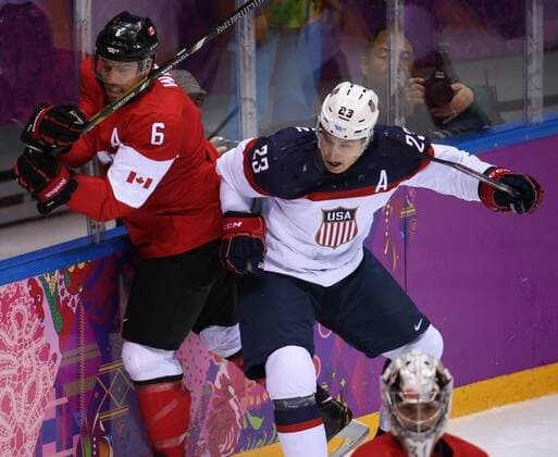Feb. 21, 2014 - Sochi, RUS - USA forward Dustin Brown (23) hits Canada defenseman Shea Weber (6) in the first period of a men s hockey semifinal at Bolshoy Ice Dome during the Winter Olympics in Sochi, Russia, Friday, Feb. 21, 2014. USA vs Canada Hockey - ZUMAm67
