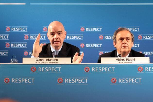 22.02.2014, Nizza - UEFA Pressekonferenz - GIANI INFANTINO, UEFA Präsident MICHEL PLATINI -  20140222CSLG0001