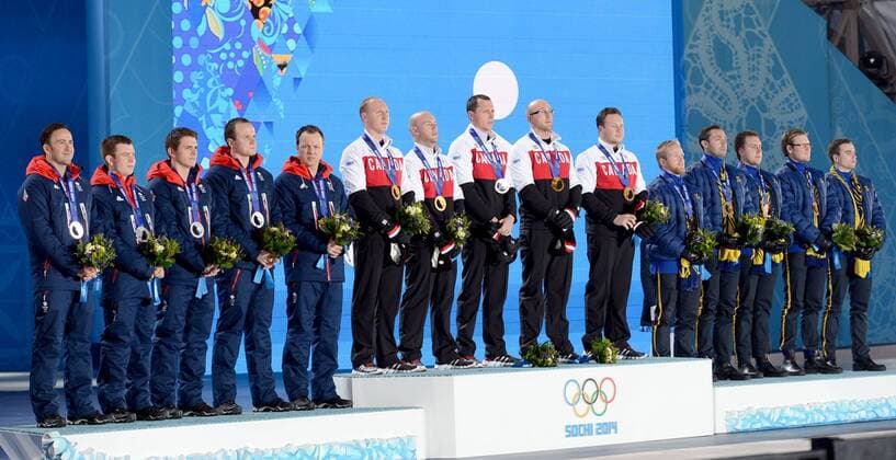 (140222) -- SOCHI, Feb. 22, 2014 (Xinhua) -- Gold medalists of Canada (C), silver medalists of Great Britain (L) and bronze medalists of Sweden pose during the awarding ceremony for the men s Curling at the 2014 Sochi Winter Olympic Games in Sochi, Russia, Feb. 22, 2014. (Xinhua Wang Yuguo) (SP)OLY-RUSSIA-SOCHI-CURLING-MEN S 