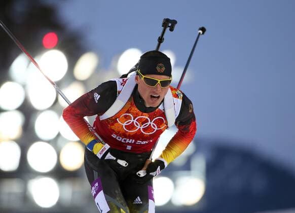 OLYMPIA - Olympische Spiele 2014 KRASNAJA POLJANA,RUSSLAND,22.FEB.14 - DIVERS, OLYMPIA, BIATHLON - Olympische Winterspiele Sotschi 2014, Laura Center, Khrebet Psekhako, 4x7,5 km Staffel der Herren. Bild zeigt Erik Lesser (GER). 