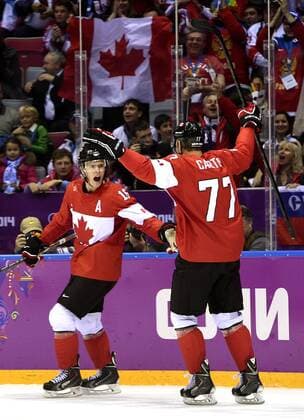 Feb. 23, 2014 - Sochi, Sochi, Russia - Team Canada s Jonathan Toews ( 15) celebrates his first period goal with Team Canada s Jeff Carter against Team Sweden s in the men s ice hockey gold medal game at the Bolshoy Ice Dome during the last day of the Sochi 2014 Winter Olympics in Sochi, Russia, on Sunday Feb. 23, 2014. Al Charest Calgary Sun QMI Agency OLY2014 Team Canada vs Team Sweden in the men s ice hockey gold medal game at the Bolshoy Ice Dome during the Sochi 2014 Winter Olympics - ZUMAq06