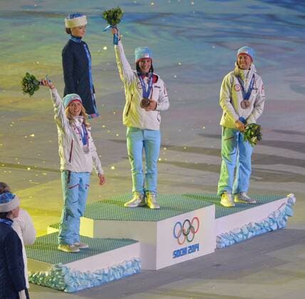 Norway s Therese Johaug (L-R), Marit Bjoergen and Kristin Stoermer Steira stand on the podium after receiving their silver, gold and bronze medals for the ladies 30km cross-country skiing max start race during the Closing Ceremony at the Sochi 2014 Winter Olympics on February 23, 2014 in Sochi, Russia.  OLY20140223141