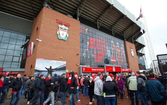 Football - soccer: Barclays Premier League, Liverpool FC, Liverpool supporters outside the Spion Kop at Anfield. xHOCHxZWEIx xPropagandax 