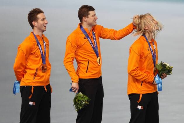 Jan Blokhuijsen, Jorrit Bergsma, Sven Kramer NED-team after speed skating mens team pursuit at 2014 Olympic Winter Games in Sochi; 22 02 2014 -