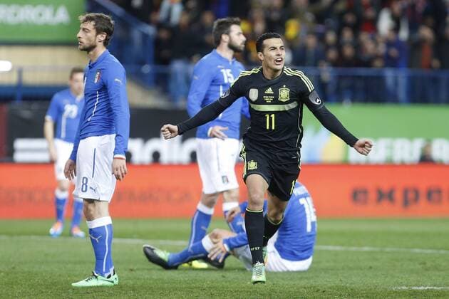 Spain s Pedro Rodriguez celebrates a goal during international friendly match. March 5, 2014.  (20192081)