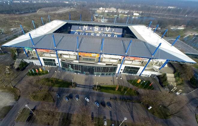 11.03.2014, Duisburg, Luftaufnahme Luftbild, Schauinslandreisen-Arena in Duisburg, MSV Duisburg, Aerial, Drohne, Stadion, Arena, Fussball, Fußball, Fussballstadion, Fußballstadion, Bundesliga, Bundesligastadion.