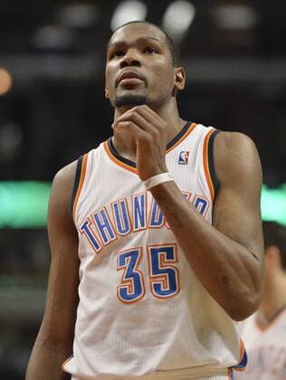 Oklahoma City Thunder forward Kevin Durant stands on the floor during the fourth quarter against the Chicago Bulls at the United Center in Chicago on March 17, 2014. The Thunder defeated the Bulls 97-85.  CHI2014031726