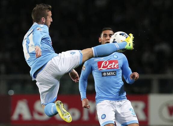 Dries Mertens (L), Faouzi Ghoulam Napoli, Torino 17-3-2014, Stadio Olimpico, Football Calcio 2013 2014 Serie A, FC Torino - SSC Napoli, MarcoxBertorello