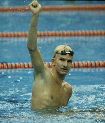 Olympiade 1988 in Seoul. Michael Groß (Deutschland) jubelt nach seinem Sieg über 200m Delphin. HM