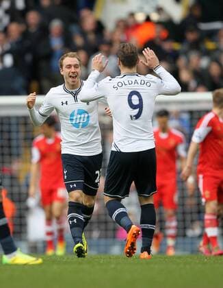 Tottenham s Christian Eriksen celebrates scoring his sides second goal Tottenham Hotspur vs Southampton - Premier League - White Hart Lane - London - England - 23 03 2014 - Pic David Klein Sportimage EDITORIAL USE ONLY. No use with unauthorised audio, video, data, fixture lists, club league logos or live services. Online in-match use limited to 120 images, no video emulation. No use in betting, games or single club league player publications.