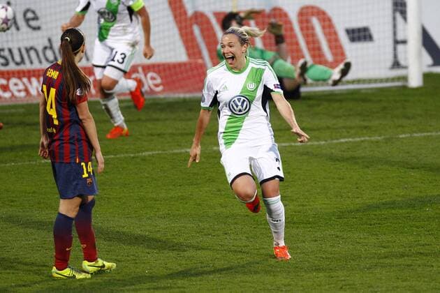 23.03.2014, VfL Stadion am Elsterweg, Wolfsburg, Frauenfussball, Champions-League, Viertelfinale, Hinspiel, VfL Wolfsburg (GER) vs FC Barcelona (ESP), im Bild Zsanett Jakabfi (3, VfL Wolfsburg) jubelt nach ihrem Tor zum 3:0 für Wolfsburg GER, CL, VfL Wolfsburg (GER) vs FC Barcelona (ESP)