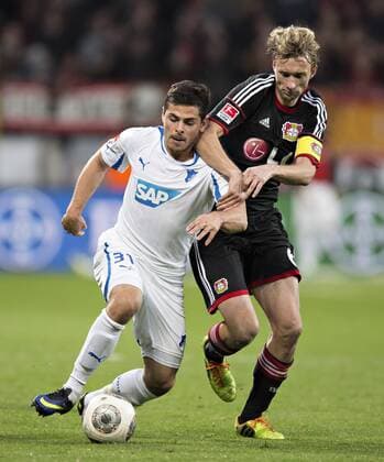 Leverkusen, 23.03.2014, BayArena Kevin Volland (TSG), Simon Rolfes (Bayer) Bayer Leverkusen - TSG Hoffenheim mm